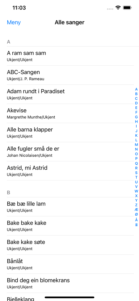 Sangboken - An alphabetical list of traditional Norwegian song titles in the Sangboken app