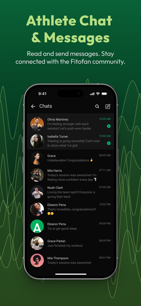 Fitofan - Fitofanアプリのインターフェース。アスリートのチャットとメッセージ画面に、いくつかのアクティブな会話が表示されています。