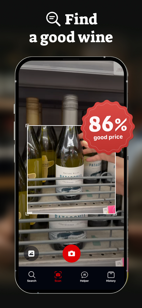 Wine ID: AI Scanner & Tracker - Smartphone screen showing Wine ID app scanning a wine bottle label to display a price rating badge.