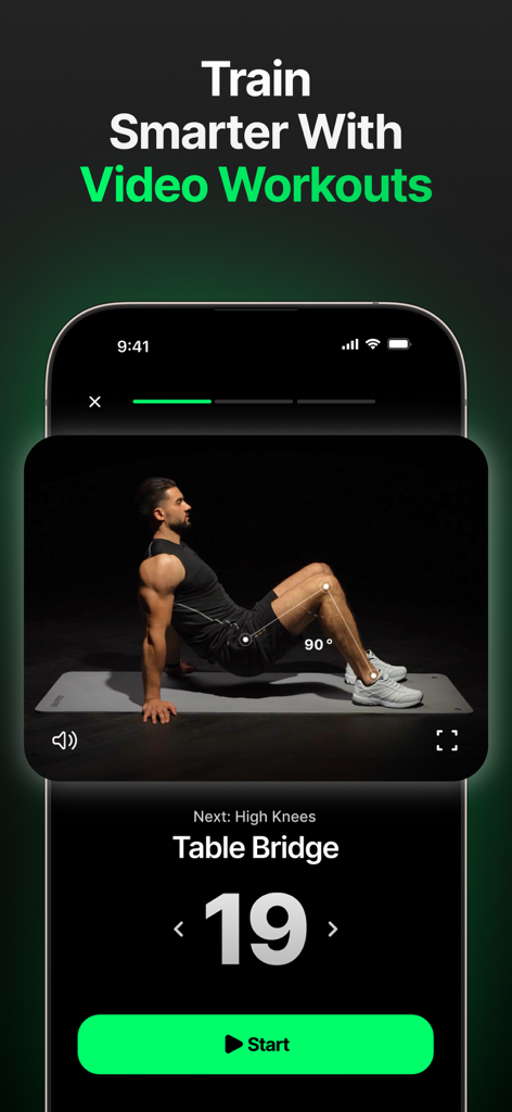 KegelUp: Kegel Trainer for Men - Ein Mann, der eine Tischbrückenübung in der KegelUp-App-Trainingsansicht mit Videoanleitung ausführt.
