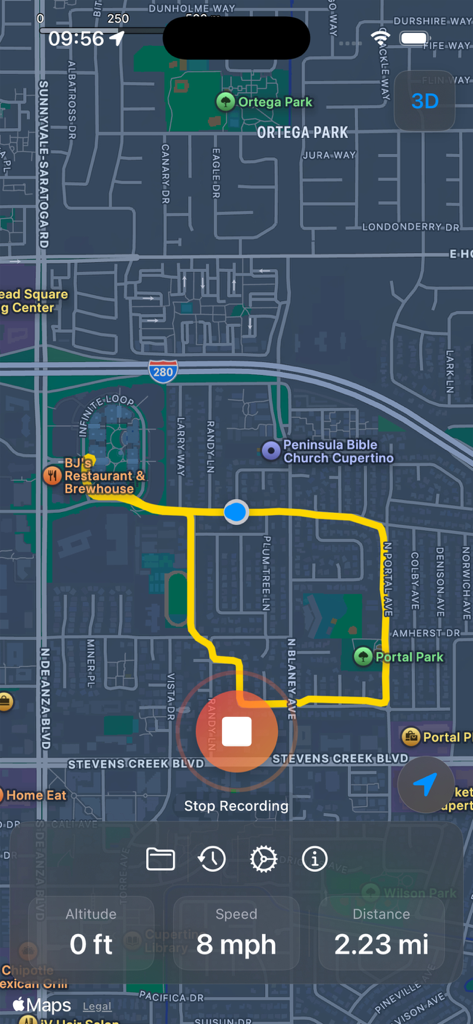 GPS Trace - Track & Record - A dark mode map interface of the GPS Trace app showing a recorded yellow route path with real-time speed and distance stats.