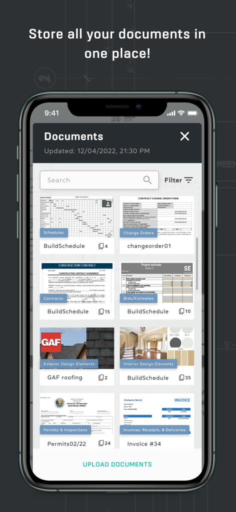 ProPlans mobile app interface showing organized construction documents including contracts bids and permits