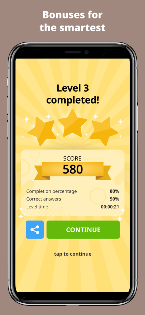 Screenshot of QuizzLand level completion screen showing three stars and a score of 580