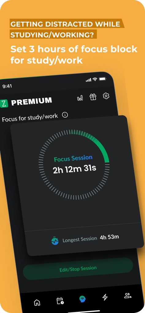 Zenze - App Time Limit - Pantalla de la aplicación Zenze que muestra un temporizador de sesión de enfoque para sesiones de trabajo profundo y estudio