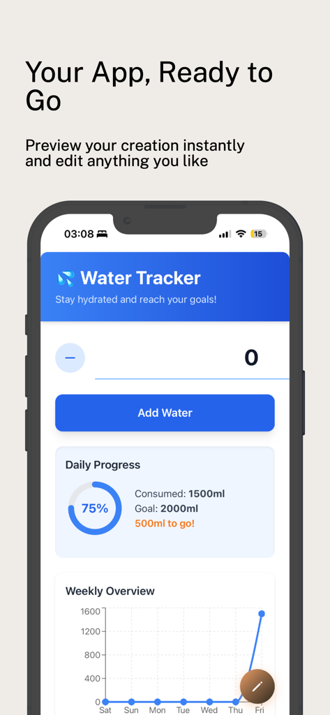 Mosaic AI - AI App Builder - Una pantalla de teléfono móvil mostrando una vista previa de una app rastreadora de agua creada con el constructor de apps Mosaic AI.