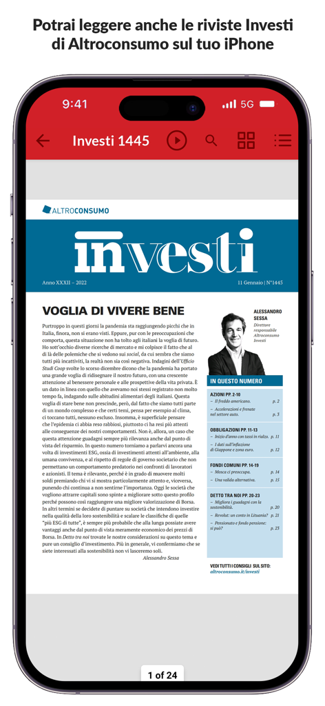 Altroconsumo - Versione digitale della rivista Altroconsumo Investi su uno schermo iPhone.