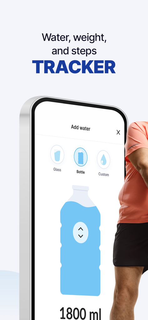 DoFasting Intermittent Fasting - Interface of the DoFasting app showing the water tracker feature with options for glass bottle or custom intake
