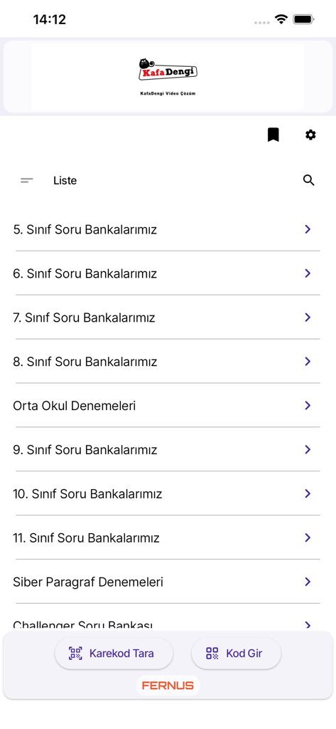 Main menu of Kafa Dengi Video Cozum app displaying grade level categories for study materials and scan options.