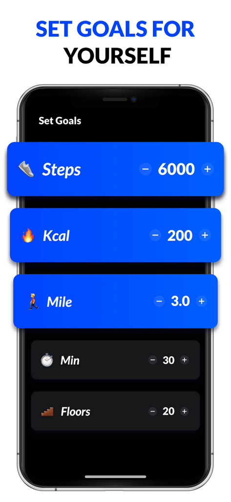Interface for setting daily step calorie and distance goals in the pedometer app
