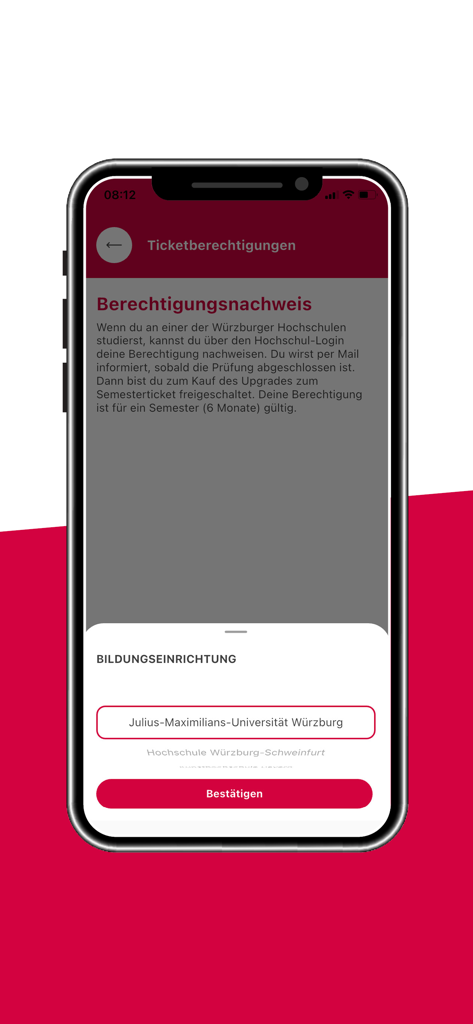 WVVmobil - WVVmobil App-Oberfläche zur Auswahl einer Universität zur Überprüfung der Berechtigung für Studententickets.