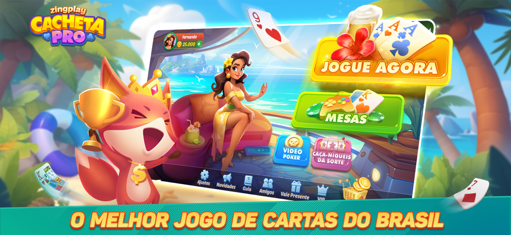 Cacheta ZingPlay – Pife Online - Main menu of Cacheta ZingPlay card game featuring a tropical beach background with cartoon characters and game options in Portuguese