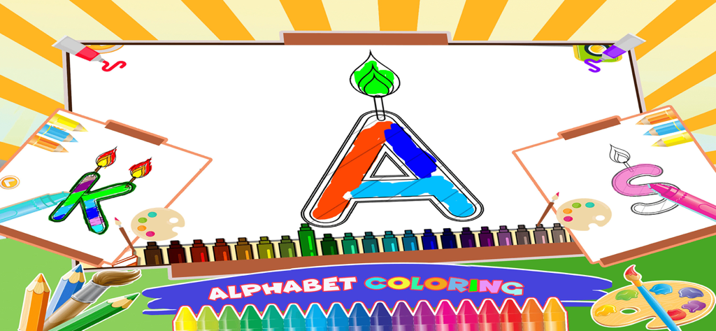 Coloring Book Fun Doodle Games - A digital coloring page showing the letter A being colored with bright markers in a kids educational app.