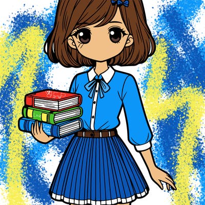 a girl with books, school uniform, short hair, and wearing a blouse and skirt