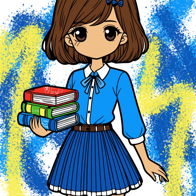 a girl with books, school uniform, short hair, and wearing a blouse and skirt