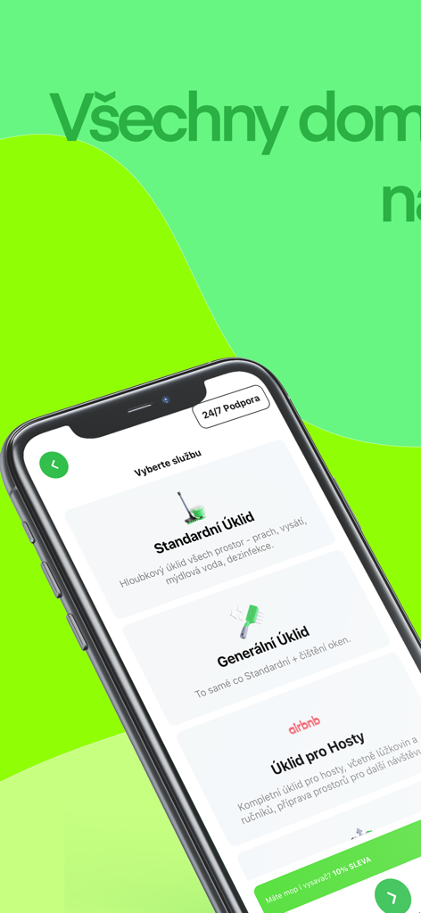 Tasker ČR - Tasker app interface showing cleaning service options including standard deep cleaning and Airbnb host services