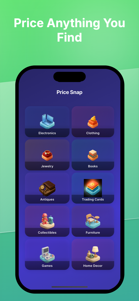 Price Snap: Ai Value Scanner - Interface of the Price Snap app showing various categories for value scanning including clothing electronics and antiques