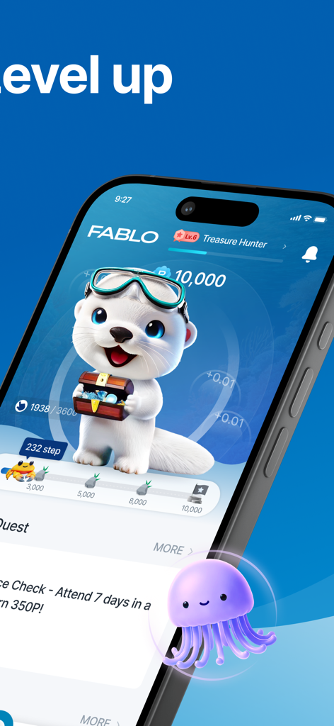 FABLO mobile app dashboard showing a cute otter character holding treasure and step tracking progress