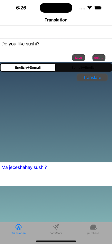 English to Somali Translator - Interface de l'application de traduction anglais-somali montrant une traduction de texte de l'anglais vers le somali