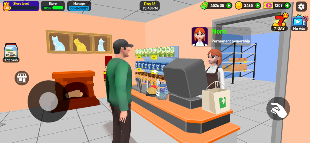 A customer at the supermarket checkout counter with a cashier and stocked shelves in a 3D tycoon game