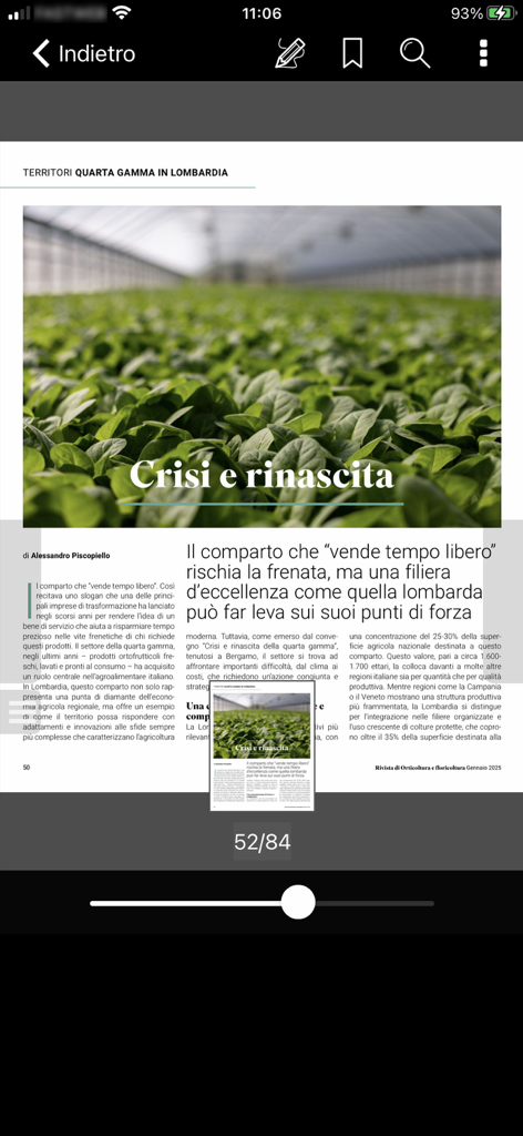 Rivista di Orticoltura - Captura de pantalla de un artículo de revista hortícola profesional que presenta un invernadero y noticias agrícolas industriales