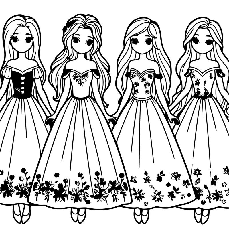 four girls in long flowimg dresses