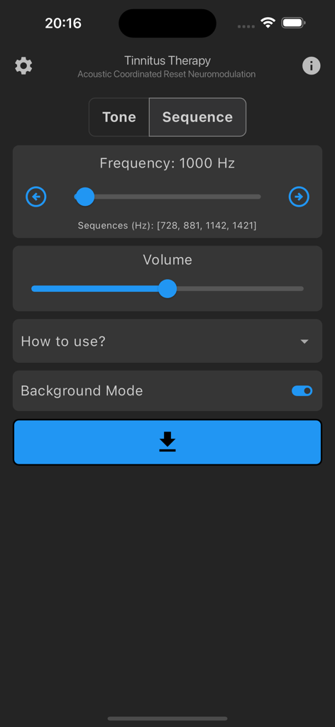 Tinnitus Therapy - ACRN - Écran de l'application Tinnitus Therapy affichant des curseurs de réglage de fréquence et de volume pour la thérapie sonore ACRN