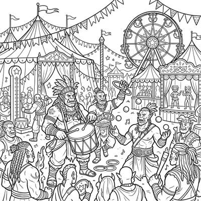 Immerse yourself in a fantastical blend of brawn and revelry with this Desert Orc Carnival coloring page. Join these hardy survivors as they enjoy festive fairground attractions, from drum circles to dazzling performers.
