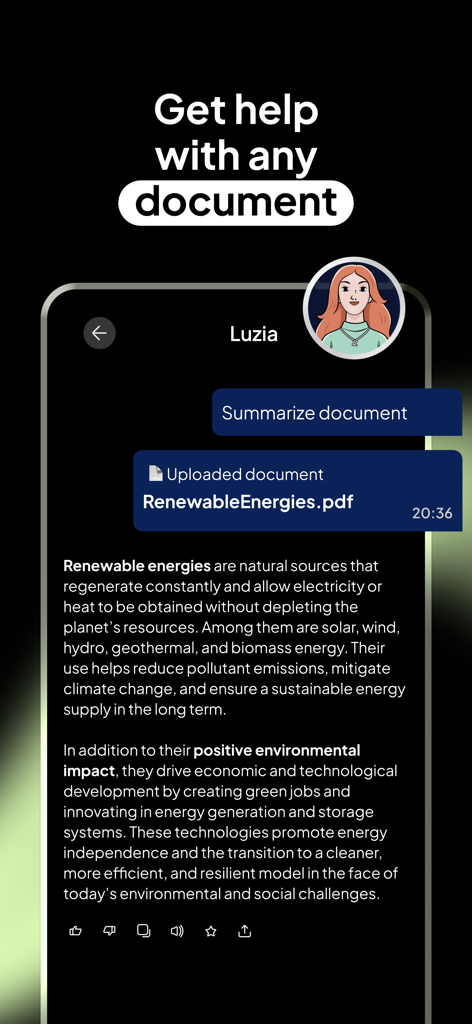 Luzia: Your AI Assistant - Luzia AI assistant app interface showing a summary of an uploaded PDF document about renewable energies.
