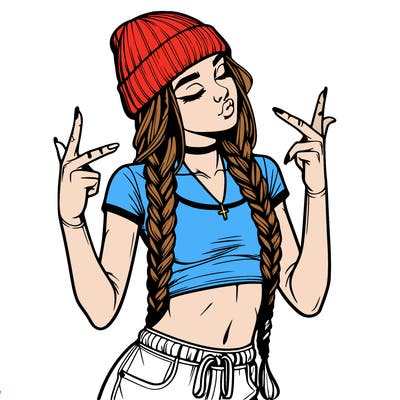 realistic teenage girl with braids and a beanie and crop top doing 🫶🏼