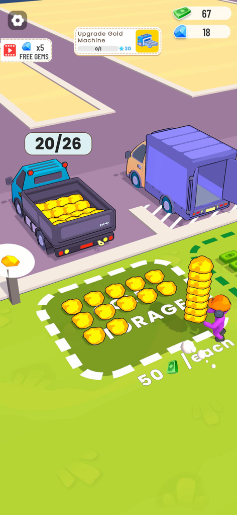 Mine & Dig - Idle Miner Tycoon - Un personaje llevando una pila de pepitas de oro hacia un área de almacenamiento y camiones de transporte en un juego de minería inactivo
