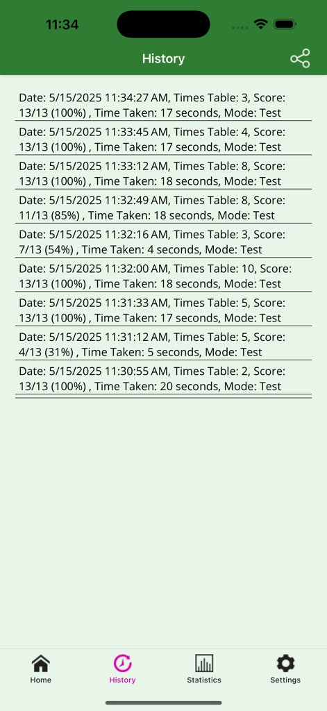 History screen showing a list of multiplication quiz results and student progress