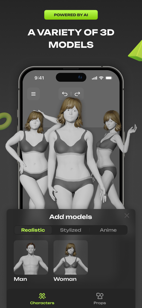 Smartphone screen of 3D Pose Maker app displaying options for realistic and anime character models