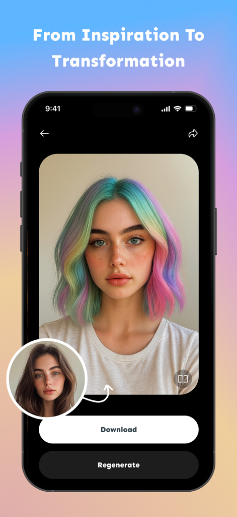 Un retrato de una mujer usando un filtro de cabello con IA para probarse cabello de color arcoíris junto a su foto original.