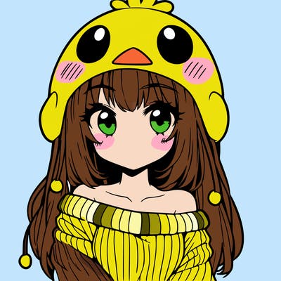 anime girl with chick shaped hat with sweater with bare shoulders with bangs covering them one eye with low tail