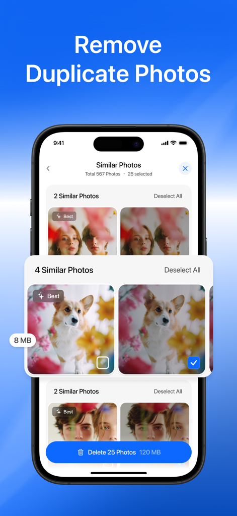 Clean Up Storage · - Interface of the Clean Up Storage app displaying similar photos grouped for deletion to free up space
