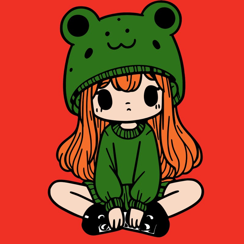 a girl wearing a frog hat and some frog socks
