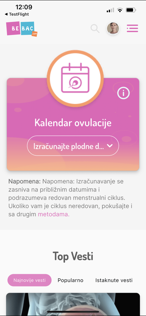 Bebac - Bebac mobile app interface showing the ovulation calendar tool and parenting news section in Serbian.