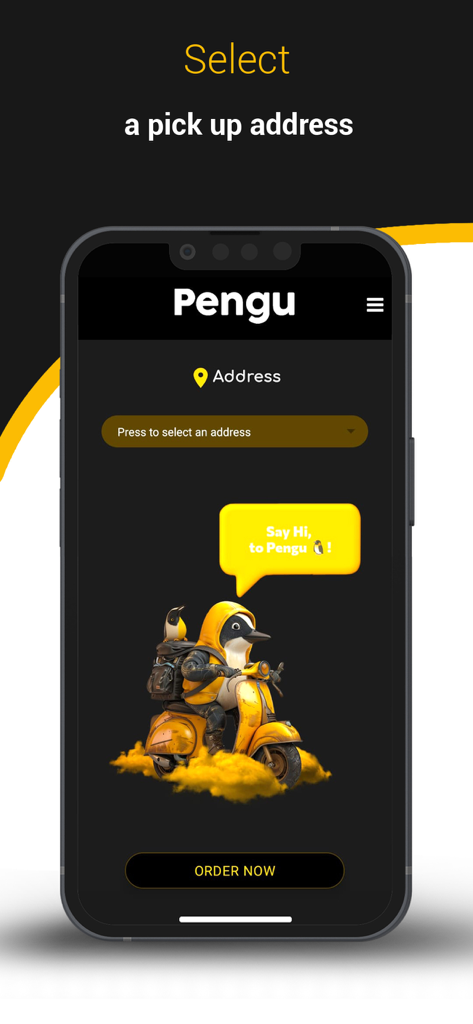 Pengu App-Oberfläche zur Auswahl einer Abholadresse mit einem Pinguin-Maskottchen auf einem Roller