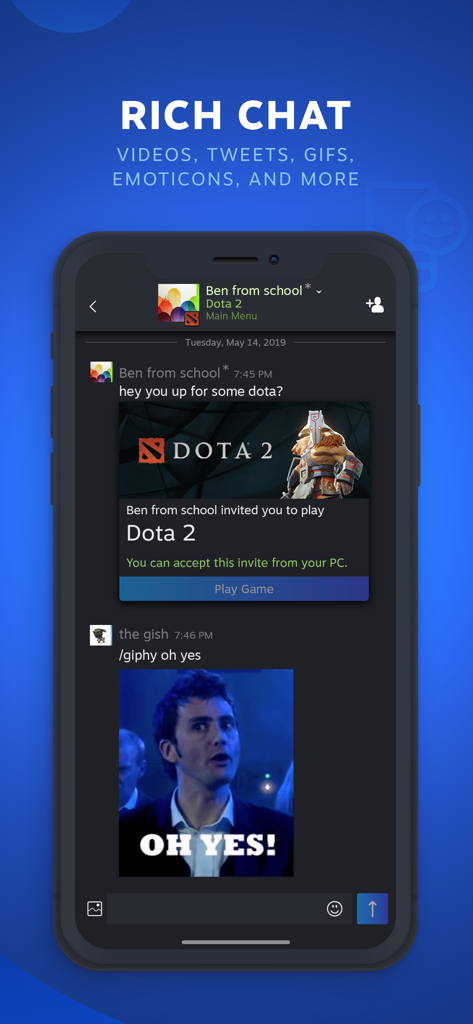 Steam Chat - Smartphone-Bildschirm, der die Steam Chat Mobile App mit einer Dota 2 Spieleinladung und einem GIF in einem Chat-Gespräch zeigt