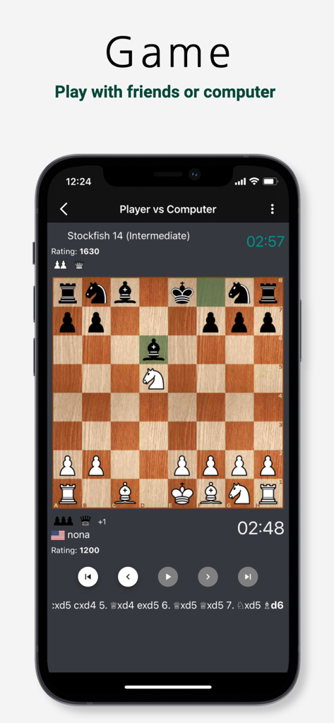 Chessify - Magic Chess Tools - Interfaz móvil de la aplicación Chessify mostrando una partida de ajedrez contra el motor de computadora Stockfish 14