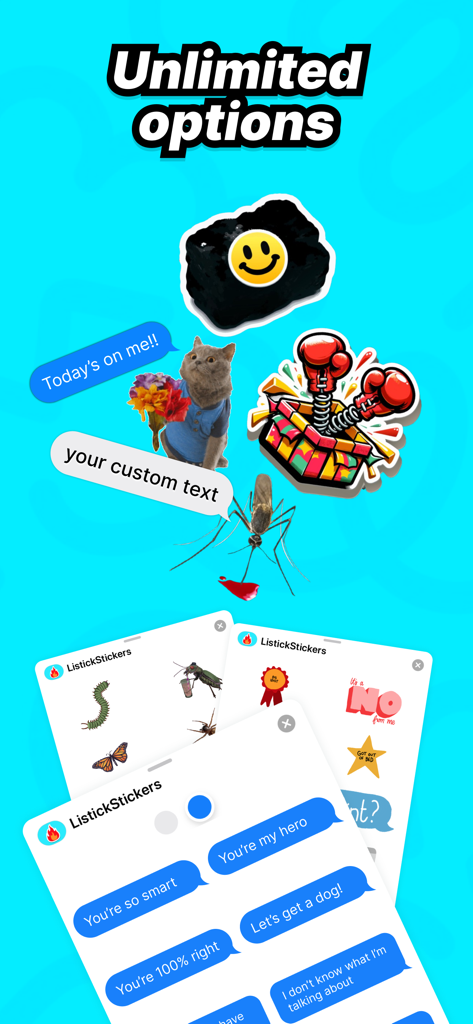 Interface do aplicativo Litstick mostrando uma variedade de figurinhas e opções de balão de mensagem personalizado