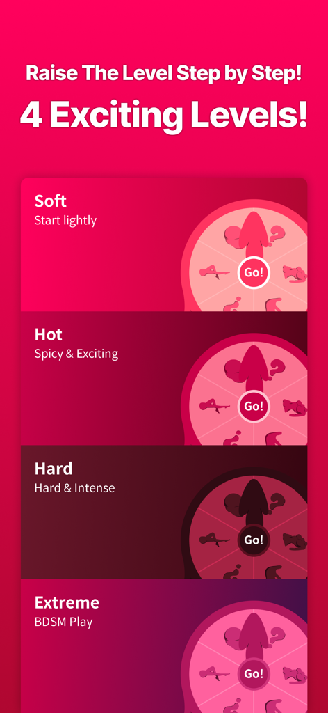 Body Roulette : Sex Roulette - Body Roulette App-Bildschirm, der vier Schwierigkeitsgrade von Sanft bis Extrem für sexuelle Herausforderungen anzeigt
