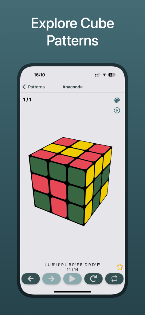 Rubix Cube Solver CubeXpert - Uma visualização 3D de um cubo de Rubik no padrão Anaconda na interface do aplicativo CubeXpert