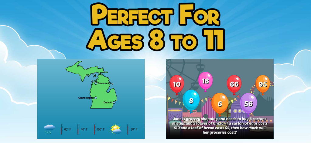 Fourth Grade Learning Games - Educational gameplay screenshots for kids aged 8 to 11 featuring math and geography lessons.