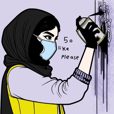 realistic girl with mask spray painting a wall