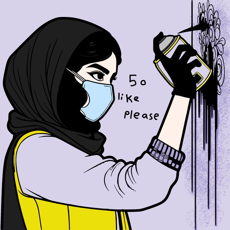 realistic girl with mask spray painting a wall