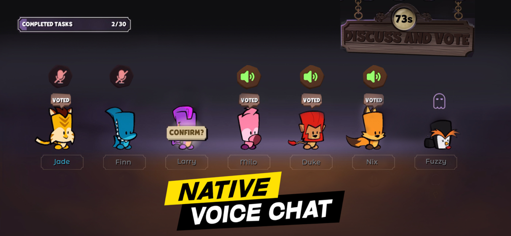 Native voice chat and voting screen with animal characters in Suspects Mystery Mansion