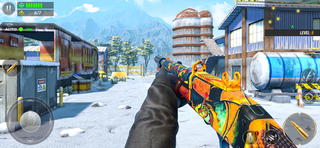 Sniper 3d: Gun Shooting Game - First person shooter view of a colorful gun in a snowy map