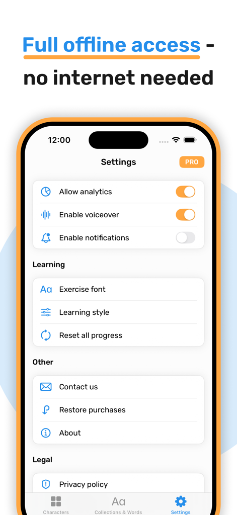 Learn Thai Alphabet & Words - Settings screen of the Learn Thai language app highlighting the offline access feature and customization options.