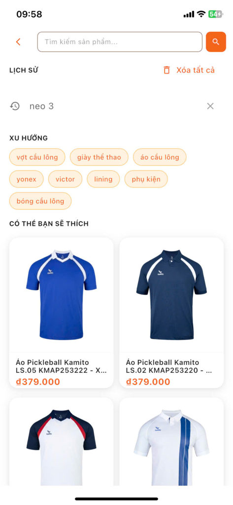 ShopVNB - ShopVNB mobile app search screen with sports gear categories and pickleball apparel suggestions